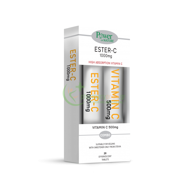 POWER HEALTH - Ester-C 1000mg με ΣΤΕΒΙΑ Γεύση Ροδάκινο-Φρούτο του Πάθους αναβράζοντα tabs 20s + ΔΩΡΟ Vitamin C 500mg Γεύση Πορτοκάλι αναβράζοντα tabs 20s Ενίσχυση Άμυνας Οργανισμού